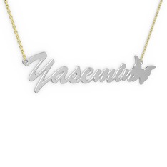 Kelebek İsim Kolye - 8 ayar beyaz altın kolye (7 karakterli el yazısı, 40 cm gümüş rolo zincir) #v7c8i