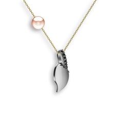 İncili Yaprak Kolye - Siyah zirkon ve pembe inci 14 ayar beyaz altın kolye (40 cm gümüş rolo zincir) #114fbg2