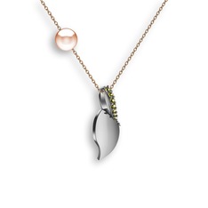 İncili Yaprak Kolye - Peridot ve pembe inci 14 ayar beyaz altın kolye (40 cm rose altın rolo zincir) #117lir7