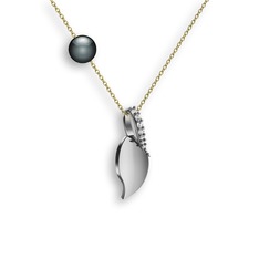 İncili Yaprak Kolye - Beyaz zirkon ve siyah inci 925 ayar gümüş kolye (40 cm altın rolo zincir) #118ev26