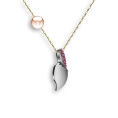 İncili Yaprak Kolye - Kök yakut ve pembe inci 14 ayar beyaz altın kolye (40 cm gümüş rolo zincir) #11hmya