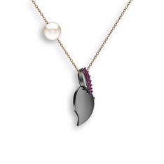 İncili Yaprak Kolye - Rodolit garnet ve inci 925 ayar siyah rodyum kaplama gümüş kolye (40 cm rose altın rolo zincir) #11pquzm