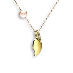 İncili Yaprak Kolye - Pırlanta ve pembe inci 8 ayar altın kolye (0.077 karat, 40 cm gümüş rolo zincir) #126eoux