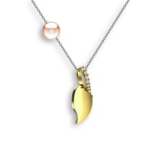 İncili Yaprak Kolye - Beyaz zirkon ve pembe inci 8 ayar altın kolye (40 cm beyaz altın rolo zincir) #12pjju6