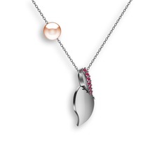 İncili Yaprak Kolye - Kök yakut ve pembe inci 18 ayar beyaz altın kolye (40 cm beyaz altın rolo zincir) #13kaaaq