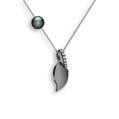İncili Yaprak Kolye - Swarovski ve siyah inci 925 ayar siyah rodyum kaplama gümüş kolye (40 cm beyaz altın rolo zincir) #13rx7rc