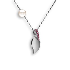 İncili Yaprak Kolye - Kök yakut ve inci 18 ayar beyaz altın kolye (40 cm gümüş rolo zincir) #1539wfi