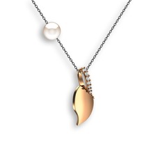 İncili Yaprak Kolye - Pırlanta ve inci 925 ayar rose altın kaplama gümüş kolye (0.077 karat, 40 cm gümüş rolo zincir) #153ytgn