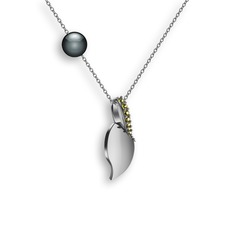 İncili Yaprak Kolye - Peridot ve siyah inci 18 ayar beyaz altın kolye (40 cm beyaz altın rolo zincir) #15g6mbc