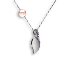 İncili Yaprak Kolye - Ametist ve pembe inci 8 ayar beyaz altın kolye (40 cm beyaz altın rolo zincir) #15ylexp