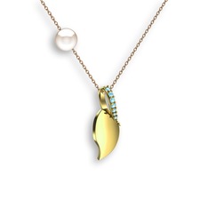 İncili Yaprak Kolye - Akuamarin ve inci 14 ayar altın kolye (40 cm rose altın rolo zincir) #16cfh9g