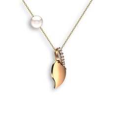 İncili Yaprak Kolye - Beyaz zirkon ve inci 18 ayar rose altın kolye (40 cm altın rolo zincir) #16zwog9