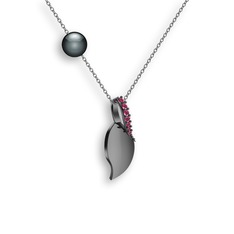 Kök yakut ve siyah inci 925 ayar siyah rodyum kaplama gümüş kolye (40 cm gümüş rolo zincir)