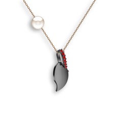 İncili Yaprak Kolye - Garnet ve inci 925 ayar siyah rodyum kaplama gümüş kolye (40 cm rose altın rolo zincir) #194cjwv