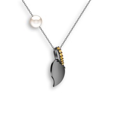 İncili Yaprak Kolye - Sitrin ve inci 925 ayar siyah rodyum kaplama gümüş kolye (40 cm gümüş rolo zincir) #1acjcxz