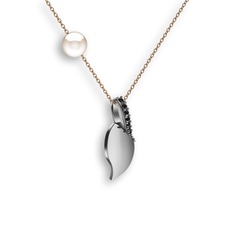 İncili Yaprak Kolye - Siyah zirkon ve inci 8 ayar beyaz altın kolye (40 cm rose altın rolo zincir) #1ao0kgd