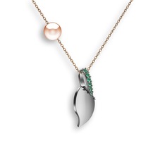 İncili Yaprak Kolye - Kök zümrüt ve pembe inci 14 ayar beyaz altın kolye (40 cm rose altın rolo zincir) #1awz270