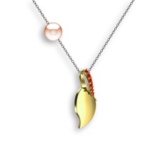 İncili Yaprak Kolye - Garnet ve pembe inci 18 ayar altın kolye (40 cm beyaz altın rolo zincir) #1bc8c9k