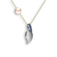 İncili Yaprak Kolye - Lab safir ve pembe inci 18 ayar beyaz altın kolye (40 cm altın rolo zincir) #1bsl3fu