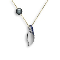 İncili Yaprak Kolye - Lab safir ve siyah inci 8 ayar beyaz altın kolye (40 cm altın rolo zincir) #1bxnr75