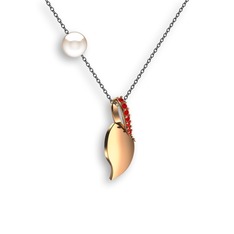 İncili Yaprak Kolye - Garnet ve inci 18 ayar rose altın kolye (40 cm gümüş rolo zincir) #1ced3p5