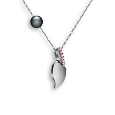 İncili Yaprak Kolye - Pembe kuvars ve siyah inci 925 ayar gümüş kolye (40 cm beyaz altın rolo zincir) #1d8jre3