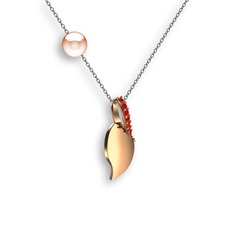 İncili Yaprak Kolye - Garnet ve pembe inci 18 ayar rose altın kolye (40 cm beyaz altın rolo zincir) #1e6ptmd