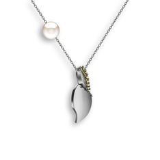 İncili Yaprak Kolye - Peridot ve inci 8 ayar beyaz altın kolye (40 cm gümüş rolo zincir) #1f07dye