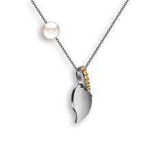 İncili Yaprak Kolye - Sitrin ve inci 14 ayar beyaz altın kolye (40 cm gümüş rolo zincir) #1f53b6s