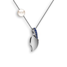 Lab safir ve inci 18 ayar beyaz altın kolye (40 cm gümüş rolo zincir)