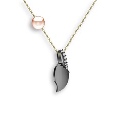 İncili Yaprak Kolye - Beyaz zirkon ve pembe inci 925 ayar siyah rodyum kaplama gümüş kolye (40 cm altın rolo zincir) #1faxt37