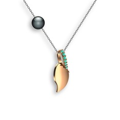 İncili Yaprak Kolye - Yeşil kuvars ve siyah inci 18 ayar rose altın kolye (40 cm beyaz altın rolo zincir) #1fi11li