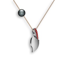 İncili Yaprak Kolye - Garnet ve siyah inci 18 ayar beyaz altın kolye (40 cm rose altın rolo zincir) #1fm7gmp