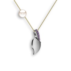 Ametist ve inci 18 ayar beyaz altın kolye (40 cm altın rolo zincir)