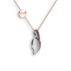İncili Yaprak Kolye - Rodolit garnet ve pembe inci 14 ayar beyaz altın kolye (40 cm rose altın rolo zincir) #1fy9noq