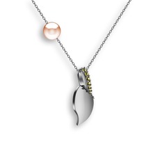 İncili Yaprak Kolye - Peridot ve pembe inci 925 ayar gümüş kolye (40 cm beyaz altın rolo zincir) #1gbknqf