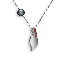 İncili Yaprak Kolye - Garnet ve siyah inci 18 ayar beyaz altın kolye (40 cm gümüş rolo zincir) #1gk09uw