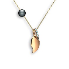 İncili Yaprak Kolye - Akuamarin ve siyah inci 18 ayar rose altın kolye (40 cm altın rolo zincir) #1h1icxm