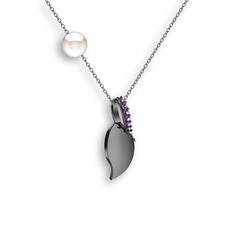 Ametist ve inci 925 ayar siyah rodyum kaplama gümüş kolye (40 cm beyaz altın rolo zincir)