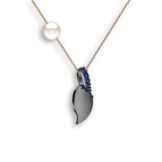 İncili Yaprak Kolye - Lab safir ve inci 925 ayar siyah rodyum kaplama gümüş kolye (40 cm rose altın rolo zincir) #1ible5s