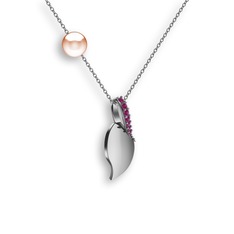 İncili Yaprak Kolye - Rodolit garnet ve pembe inci 14 ayar beyaz altın kolye (40 cm beyaz altın rolo zincir) #1itavfb