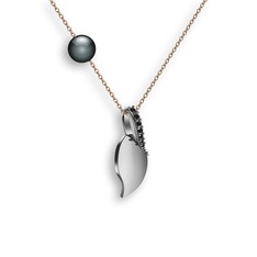 İncili Yaprak Kolye - Siyah zirkon ve siyah inci 14 ayar beyaz altın kolye (40 cm rose altın rolo zincir) #1ithp5