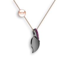 İncili Yaprak Kolye - Rodolit garnet ve pembe inci 925 ayar siyah rodyum kaplama gümüş kolye (40 cm gümüş rolo zincir) #1jzb77a