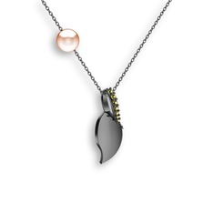 İncili Yaprak Kolye - Peridot ve pembe inci 925 ayar siyah rodyum kaplama gümüş kolye (40 cm gümüş rolo zincir) #1k85rwd