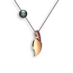 İncili Yaprak Kolye - Rodolit garnet ve siyah inci 14 ayar rose altın kolye (40 cm gümüş rolo zincir) #1kaq2vc