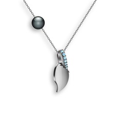 İncili Yaprak Kolye - Akuamarin ve siyah inci 14 ayar beyaz altın kolye (40 cm beyaz altın rolo zincir) #1kdexar