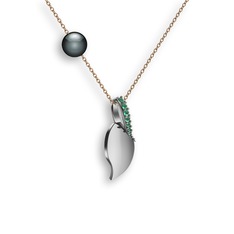 İncili Yaprak Kolye - Kök zümrüt ve siyah inci 8 ayar beyaz altın kolye (40 cm rose altın rolo zincir) #1kdrgm6