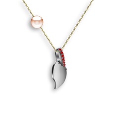 İncili Yaprak Kolye - Garnet ve pembe inci 14 ayar beyaz altın kolye (40 cm altın rolo zincir) #1ko0ff1