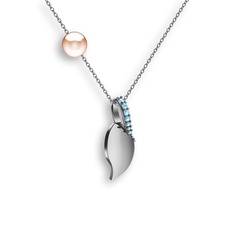 İncili Yaprak Kolye - Akuamarin ve pembe inci 8 ayar beyaz altın kolye (40 cm beyaz altın rolo zincir) #1l1sloq