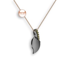 İncili Yaprak Kolye - Peridot ve pembe inci 925 ayar siyah rodyum kaplama gümüş kolye (40 cm rose altın rolo zincir) #1l3ir1g